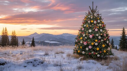 Aesthetic Christmas tree, colorful flowers, lights, snowy winter mountain landscape, vibrant sunset, golden hour, cozy holiday background, peaceful scene, festive decor, tranquil backdrop