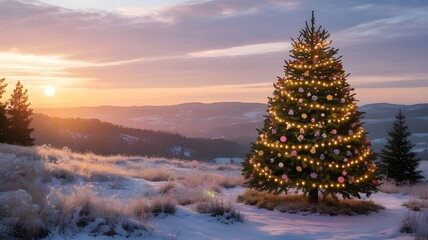 Festive Christmas tree in a beautiful snowy winter landscape, with warm golden lights, glowing ornaments, and a tranquil sunset sky, creating a cozy holiday background, peaceful aesthetic scene.