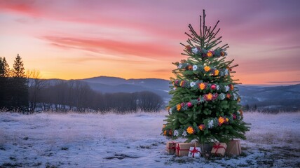 Decorated Christmas tree with gifts in a serene winter landscape, vibrant pink orange sunset sky, snowy field, festive holiday aesthetics, cozy background, happy new year, beautiful nature scene