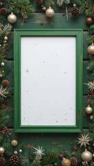 Weihnachtlicher gr&uuml;ner Rahmen auf dunklem Holz mit goldenen und nat&uuml;rlichen Dekoelementen schafft eine festliche Stimmung Generative KI