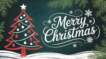 Merry Christmas festive chalkboard background, holiday season greeting, cozy winter aesthetic, red Christmas tree, snowflakes, pine branches, ideal for wallpaper, backdrop.