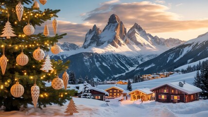 Festive winter landscape with a decorated Christmas tree, glowing chalets, snow-capped mountains, cozy holiday village, beautiful aesthetics, peaceful background, travel destination, happy new year