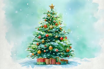 Obraz premium Watercolor Christmas tree decorated with colorful ornaments and gold star topper, surrounded by wrapped presents on snowy ground against turquoise background.