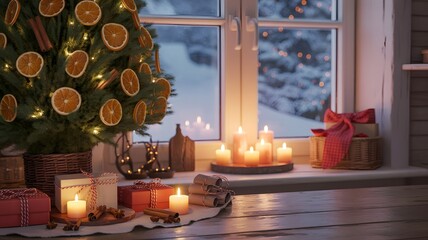 Cozy Christmas tree with dried oranges, cinnamon sticks, warm candlelight glow. Peaceful winter snowy view through window, festive holiday aesthetic background, happy new year, serene rustic decor 