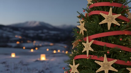 Cozy Christmas tree with red ribbons, wooden stars, snowy mountains, ambient lights, peaceful winter landscape, holiday background, festive scene, aesthetic Xmas eve, happy new year
