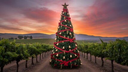 Festive Christmas tree in a vibrant vineyard at sunset, adorned with red ribbons & golden bells. Unique holiday background, perfect for happy new year, winter aesthetics, cozy wallpaper.