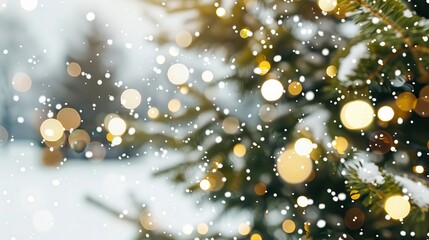 Festive Winter Scene: Snow-Covered Pine Branch with Glowing Bokeh Lights and Falling Snowflakes