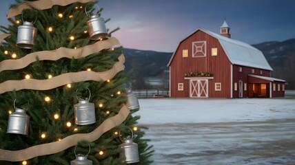 Festive Christmas tree, burlap ribbon, twinkling lights, metal ornaments. Cozy red barn, snowy winter landscape, tranquil evening holiday scene, country aesthetic, perfect background, wallpaper