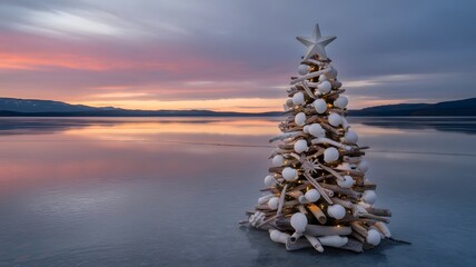 Unique driftwood Christmas tree, decorated with shells and warm lights, standing on a frozen lake at sunset. A beautiful, serene winter holiday scene with pink and orange sky reflections, perfect f