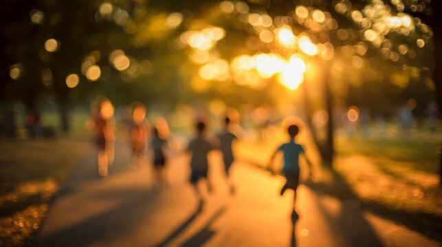 Silhouetted children running joyfully on a sunlit pathway in a park during golden hour with a warm, dreamy atmosphere and bokeh lights in background