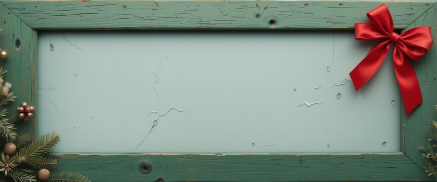 Gr&uuml;ner Holzrahmen mit roter Schleife und Tannenzweig als festlicher Hintergrund mit Textfreiraum Generative KI