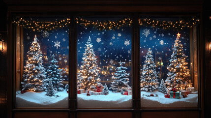 Christmas window display showcasing a festive holiday scene with miniature houses, snow-covered fir trees, Santa Claus figures, nutcrackers, and numerous wrapped gifts under falling snowflakes
