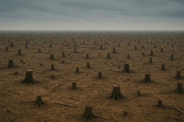 Vast barren landscape filled with tree stumps under cloudy sky, symbolizing deforestation, forest loss, and environmental destruction caused by human impact.