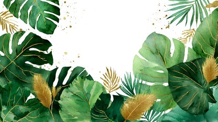 Tropical green monstera leaves and golden palm fronds create a lush botanical frame on white background with gold accents.