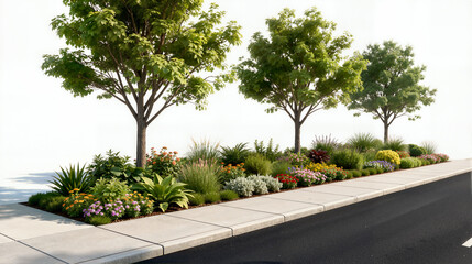 3D render of a road greening asset on a white background, featuring uniform street trees, diverse colorful shrubs in the median, a sidewalk, and an asphalt road.
