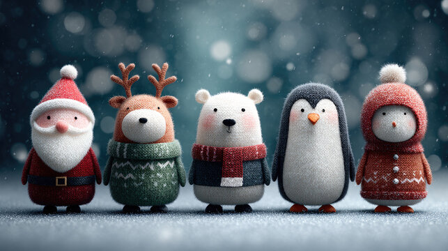 funny cheerful Christmas characters Santa, Elf, Penguin in hat, Reindeer in hat, Polar Bear, 3d illustration in playful pose isolated on white background with space for text, festive joyful scene