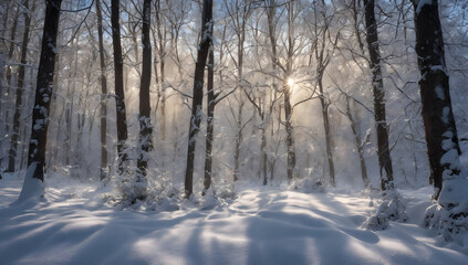 Obraz premium Winter Forest with Sunlight Filtering Through Snow-Covered Trees at Sunrise