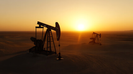 Naklejka premium Silhouetted pump jacks against a setting desert sun,extracting resources. A stark landscape highlighting industrial presence under the warm glow of dusk. Energy landscape.