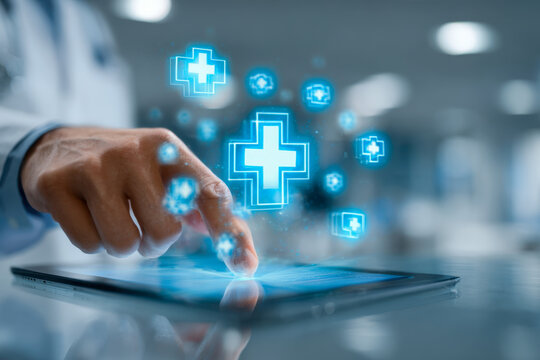 Human hand interacting with futuristic digital healthcare icons and symbols displayed above a touchscreen device in a modern medical technology setting