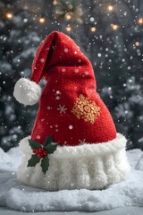A red Santa hat with white fur trim, golden embroidery, and holly decoration resting on snow with falling snowflakes and warm Christmas lights in the background.