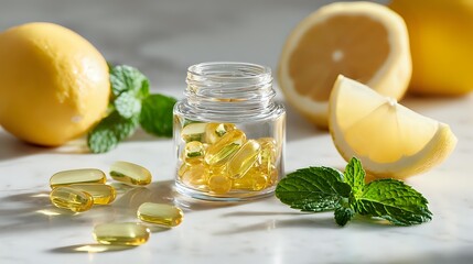 Vitamin D and omega-3 fish oil capsules in glass jar with fresh lemons and mint leaves on marble surface, natural supplement concept.