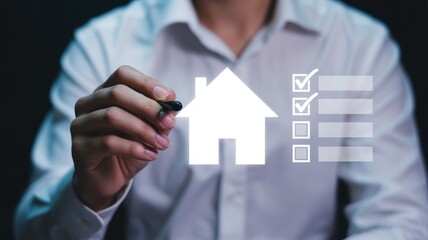 Person drawing a house icon with a checklist on a digital screen
