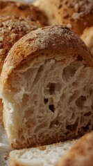 Close-up of artisan bread showing a crispy golden crust and soft, airy interior with oats and seeds on top, captured in warm natural light.