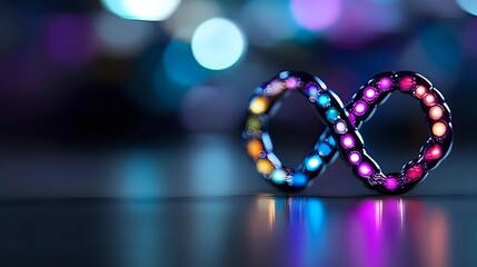 Colorful infinity symbol with LED lights against dark background, creating vibrant bokeh effect. Perfect for concepts of endless possibilities or technology innovation.
