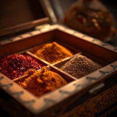 A wooden box filled with colorful spices like chili, turmeric, cumin, and curry powder, captured in warm golden light with a rustic and aromatic atmosphere.
