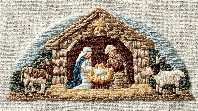 Embroidered nativity scene with holy family in stable, donkey and sheep against textured fabric background, featuring detailed needlework in traditional style.