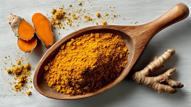 Vibrant turmeric powder in wooden spoon with fresh ginger root and sliced turmeric rhizome on light background, culinary spice for cooking.