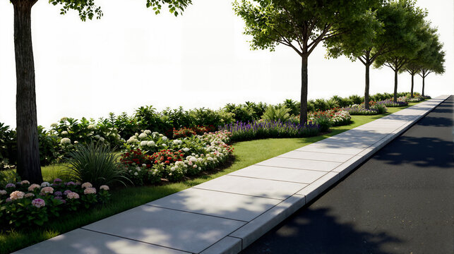3D render of a road greening asset on a white background, featuring uniform street trees, diverse colorful shrubs in the median, a sidewalk, and an asphalt road. - Powered by Adobe
