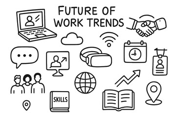 Future Work Doodle. Future of work trends. Hand-drawn doodle illustration future of work trends laptop, hologram screen, robot hand handshake, cloud, wifi