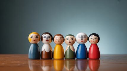 Diverse group of wooden peg dolls standing together in a line