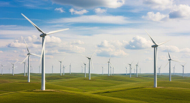 Wind turbine on green field against blue sky renewable energy for future