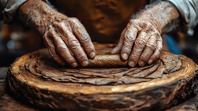 Weathered artisan hands working with clay on traditional pottery wheel, close-up view showing texture and craftsmanship in warm earthy tones. For art, craft and tradition concepts.