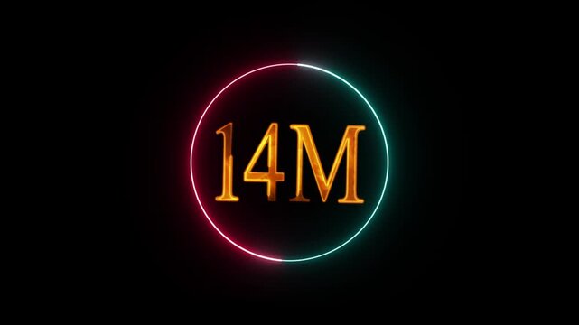 Abstract Glowing Neon Light 14 Millions Letter Icon Animation. Glowing sign effect florescent text for social media follow subscription motion.