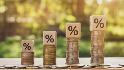 Rising stacks of coins with percentage signs symbolizing financial growth and interest rates