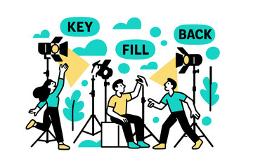 Obraz premium Filming Lighting Setup. Behind-the-scenes filming ? Lighting setup. C-stands rise like graphic trees; barn doors flare as beams turn into neat triangles. ?KEY