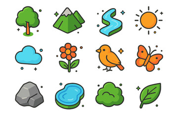 Obraz premium Isometric Nature Icons. Natural elements. Colorful isometric vector icons set of natural elements: tree, mountain, river, sun, cloud, flower, bird, butterfly,