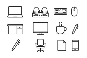 Office Productivity Icons. Office productivity. Line outline icon set of office productivity: laptop, hands