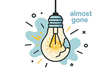 Flickering Bulb Glimmer. Broken Light Bulb. A hanging bulb flickers, its filament forming quick zigzag sparks before dimming. Text tag ?almost gone? hovers