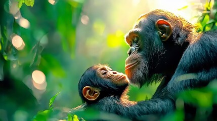 Tender moment chimpanzee family bonding in lush jungle nature photography sunlit environment close-up perspective
