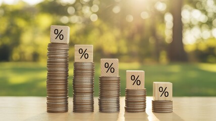Descending stacks of coins with percentage signs in a natural outdoor setting