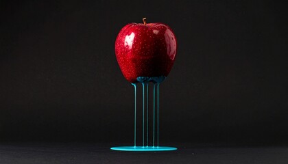 Red apple with blue paint dripping down against a dark background.