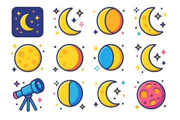 Colorful Moon Phase Icons. Moon cycle. Colorful isometric vector icons set of moon cycle: new moon, waxing crescent, first quarter, waxing gibbous, full moon,