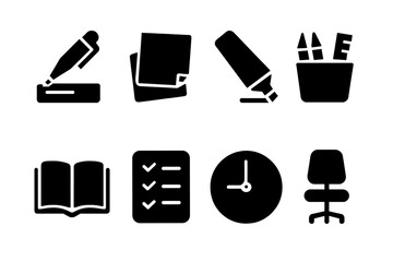 Study Habits Icons. Study habits. Filled icon set of study habits: pen and paper, sticky notes, highlighter,