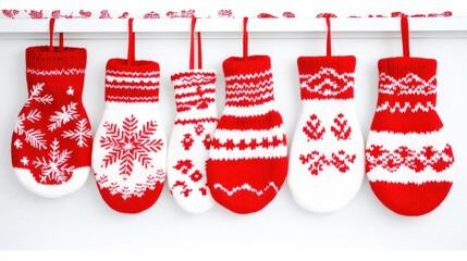 Festive Red and White Knitted Mittens with Winter Patterns Hanging for Holiday Decoration