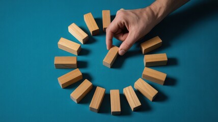 Hand placing wooden block in circular pattern on blue surface