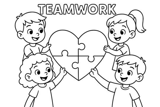 Children's Heart Puzzle. Teamwork puzzle children?s coloring book illustration, outlined drawing, cheerful kids each holding one puzzle piece and joining them